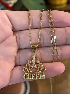 Gold-tone "Queen" Crown Pendant Necklace